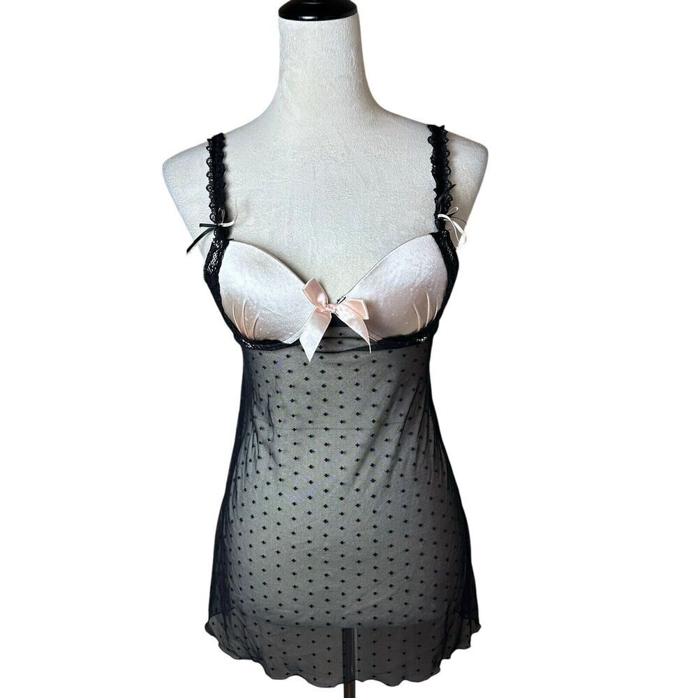 Flora’s Follies Babydoll Lace Bow Cami Black‎ & Pink Sheer Padded Lettuce Hem